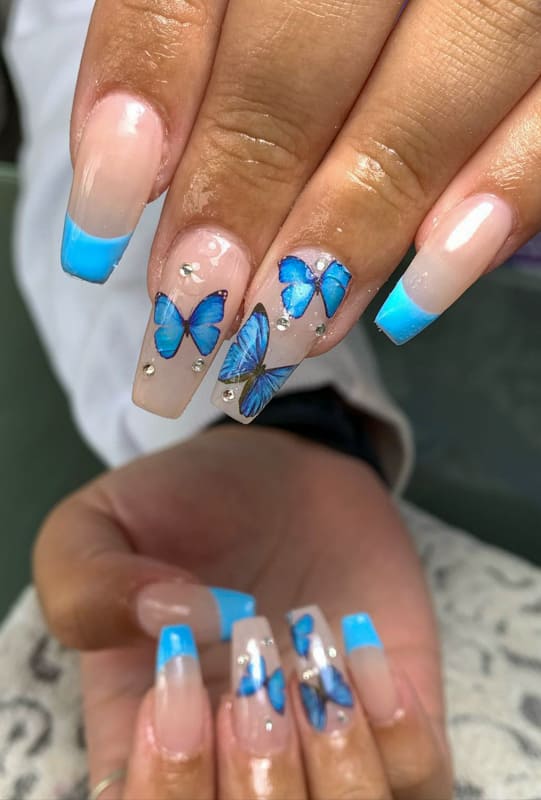 Coffin blue butterfly nails