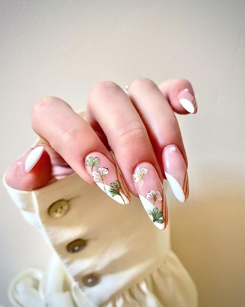 White and Brown French Tip with Flowers