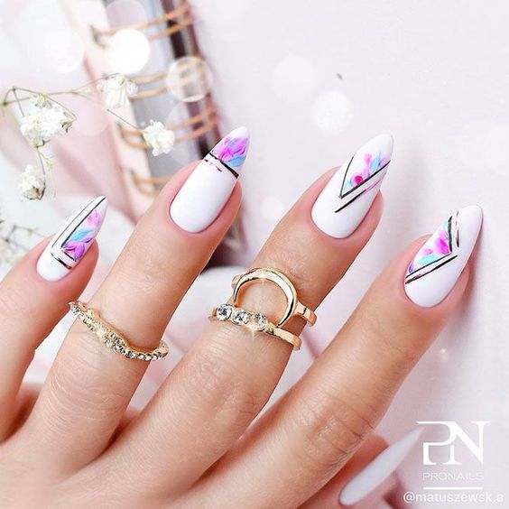 White Nails With Touch of Black, Purple and Blue Colors