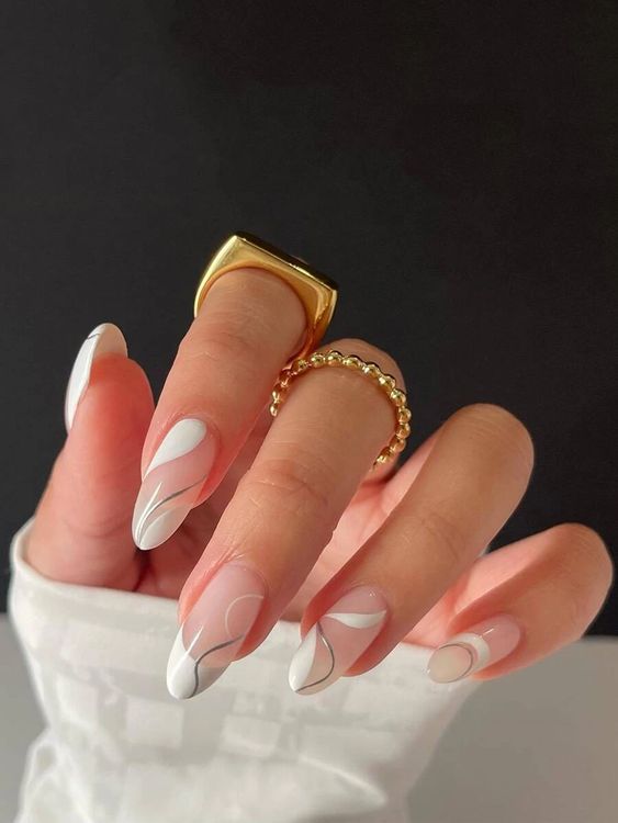 White Nails with Swirl Design