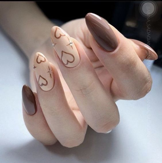 Brown and Beige Nails with Hearts on Almond Nails