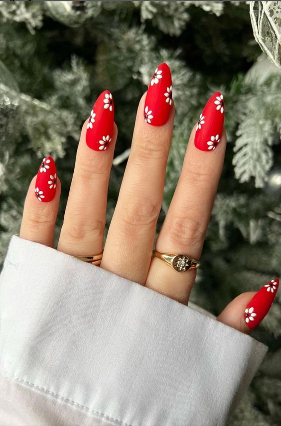 Red Nail Polish and White Flowers on Almond Nails