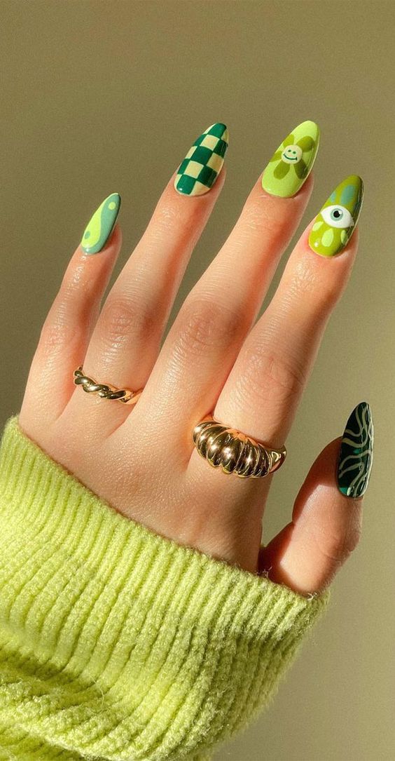 Cute Green Nail Art on Almond Nails