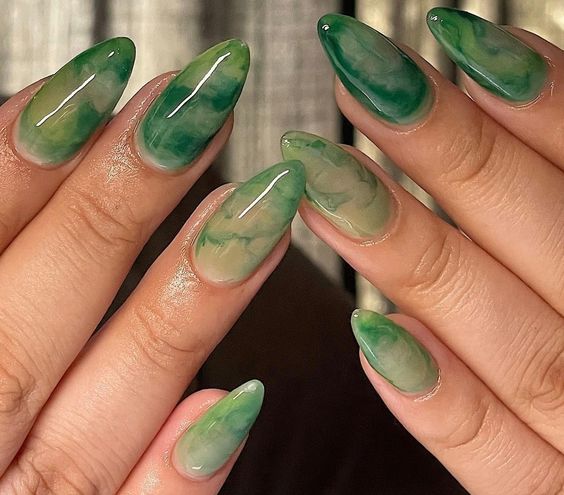 Green Marble Nail Art on Almond Nails