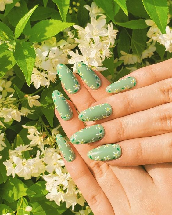 Green Nail Polish with Flowers on Almond Nails