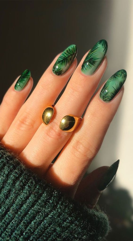 Green Nails with Plants on Almond Nails