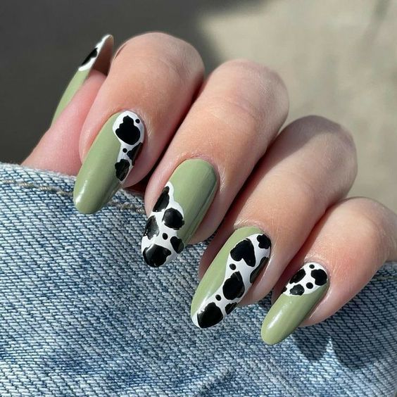 Green Nail Polish with Animal Print on Almond Nails