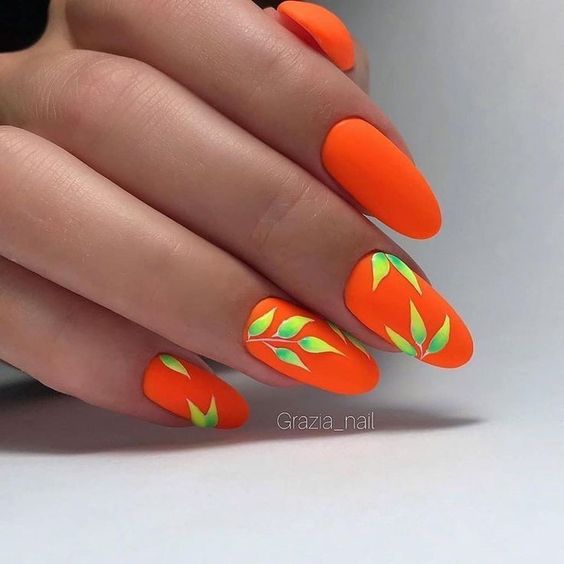 Orange Nail Polish with Leaves