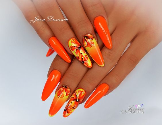 Bright Orange Nail Polish with Flowers