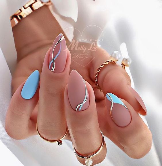 Pink and Blue Combination of Nail Polish on Almond Nails