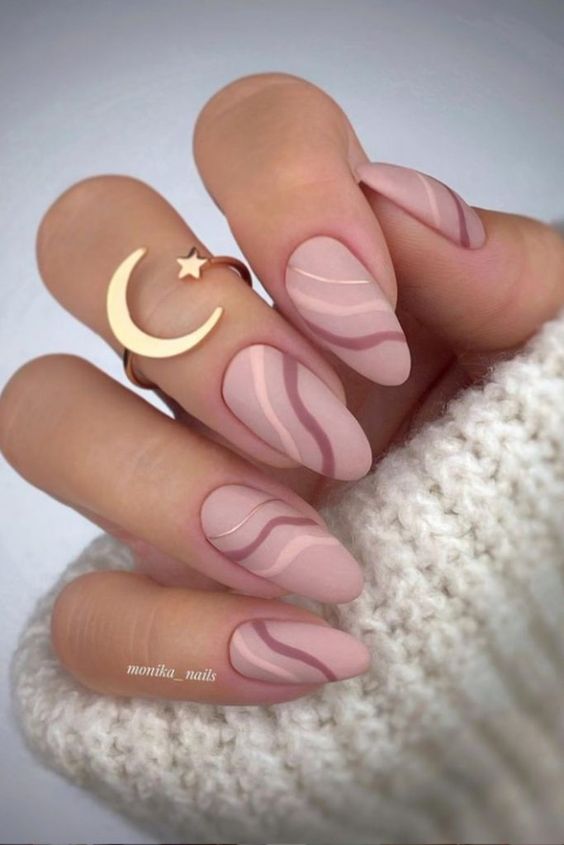 Pink Wavy Design Almond Nails