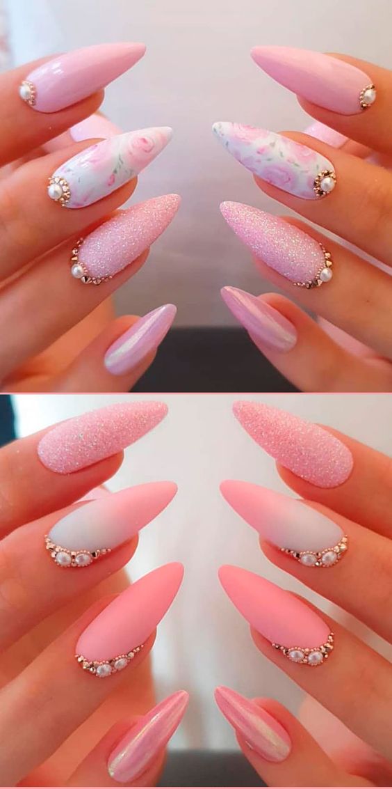 Pretty Pink Nails with Stones and Glitters