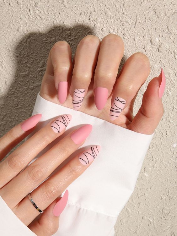 Pink Almond Nails with Lines