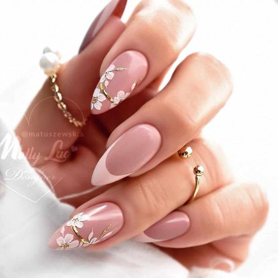 Pink Almond Nails with Flowers