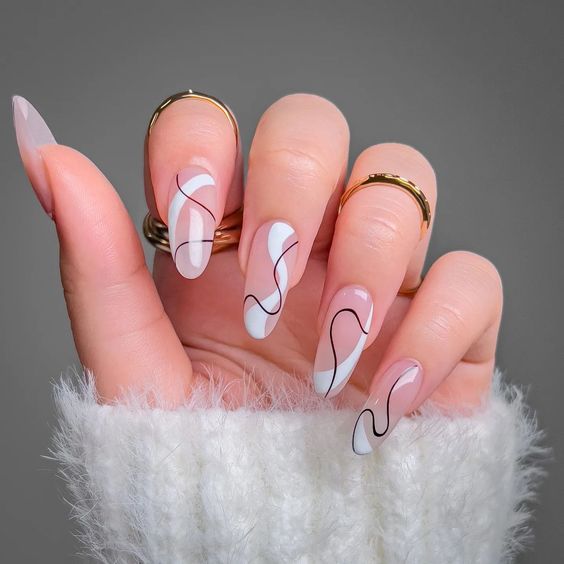 Black and White Swirls on Almond Nails