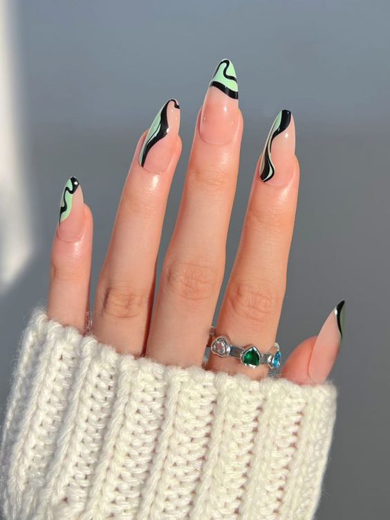 Green and Black Swirls on Almond Nails