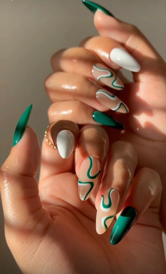 Green and White Combination of Nail Polish on Almond Nails