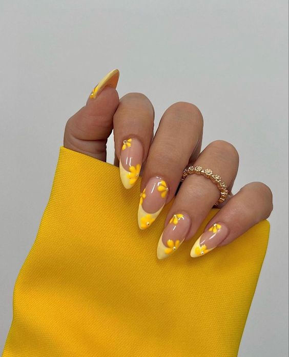 Yellow French Tips with Yellow Flowers on Almond Nails