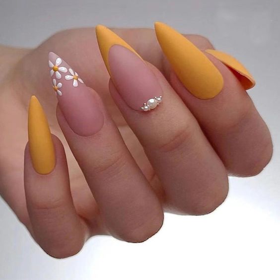 Yellow Nails with Tips on Almond Nails