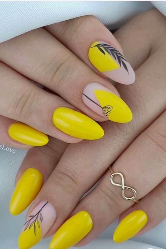 Yellow Nail Polish with Plants on Almond Nails