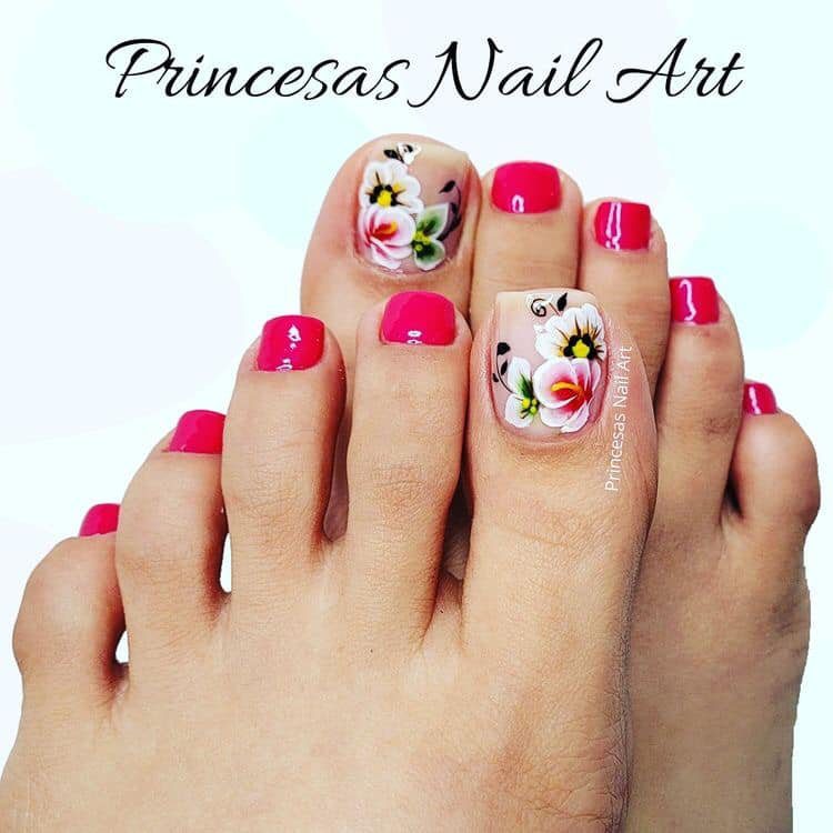 20 Nails Unas de Pies Decoradas Rojas con Flores Blancas