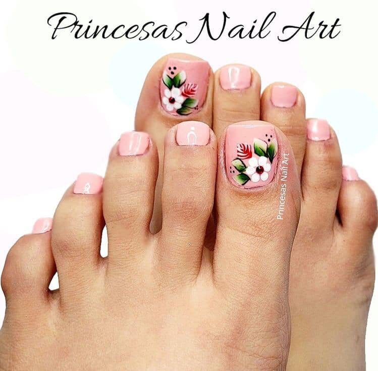 34 Nails Unas de Pies Decoradas Rosado con Flores Princesas Nail Art