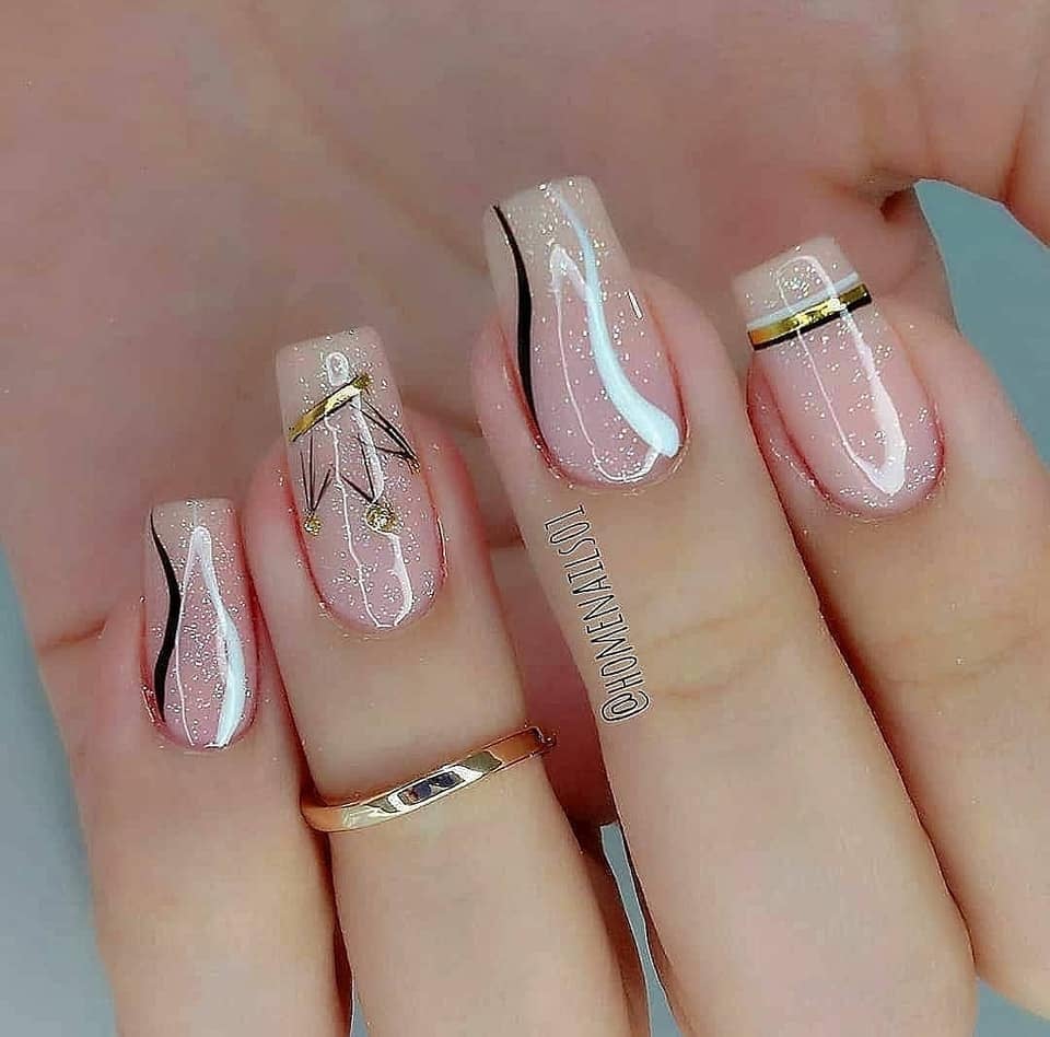 139 Elegant pink nails with small silver glitter dots crown drawings golden metallic strapping and fine black lines