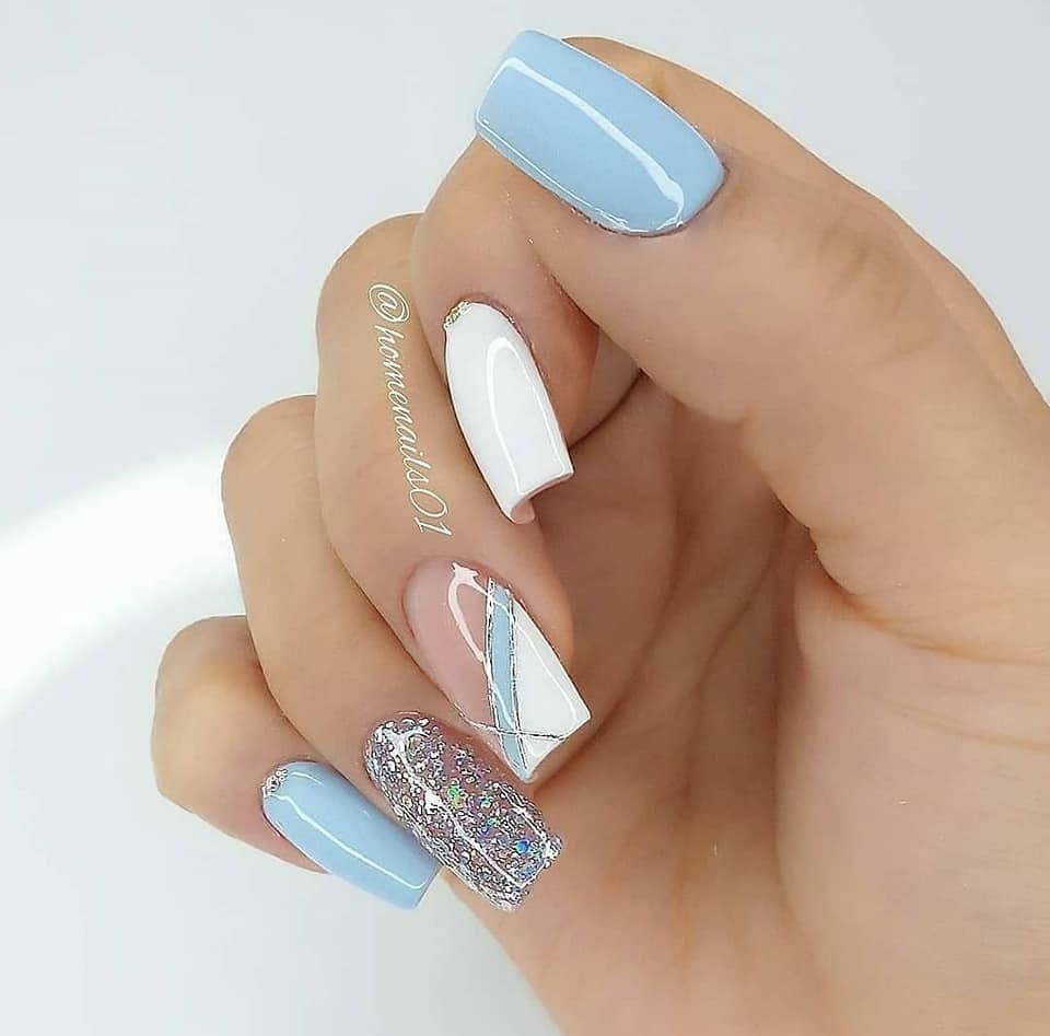 97 Elegant Light Blue Glitter Silver White Ivory Diagonal Nails