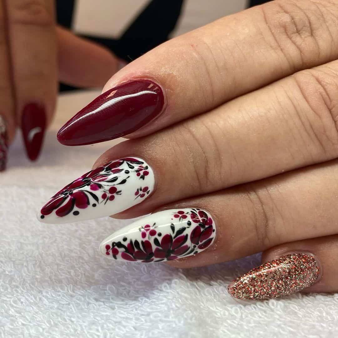 Burgundy Nails With Flowers