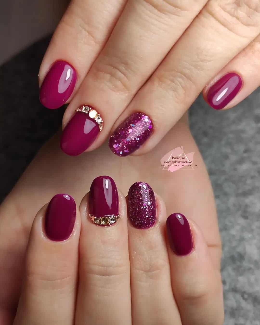 Glitter Burgundy Manicure With Gemstones