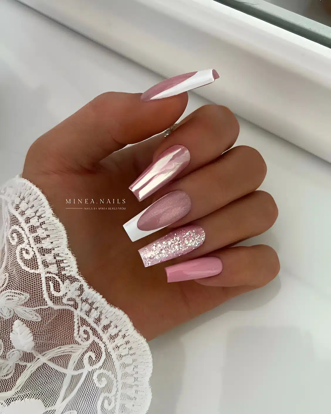Glittered Pink And White Nails 7