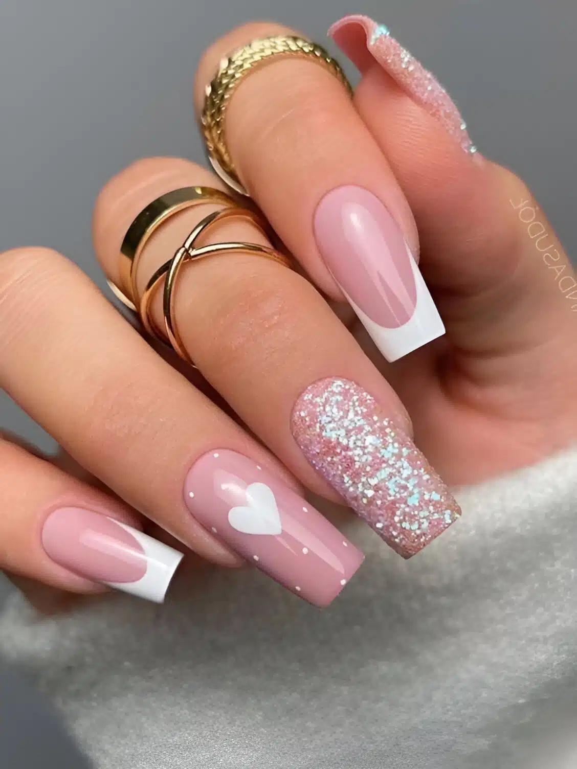 Glittered Pink And White Nails