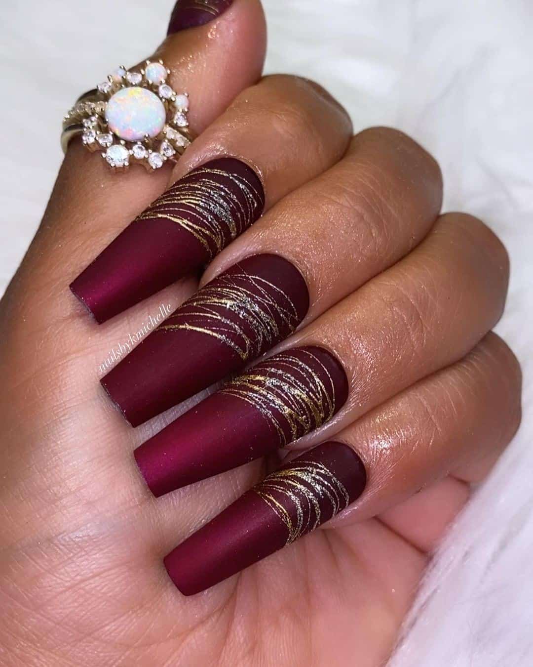 Long Coffin Burgundy Nails