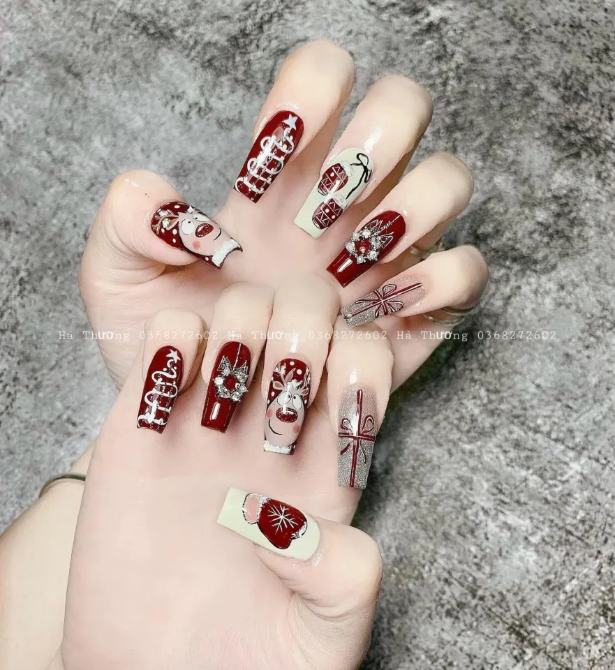 Nailbox Móng úp tay dán thiết kế sẵn / nail noel giáng sinh màu đỏ kèm keo dũa | Lazada.vn